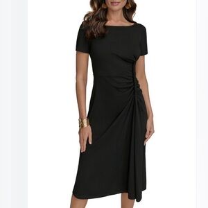 Donna Karan New York Black Draped Midi Dress  16 Stretch Sheath Classic Elegant
